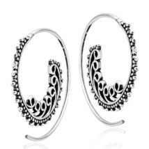 Ethnic Waves Spiral Slide Pierce Hoop Sterling Silver Earrings - $23.89