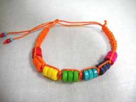 New Orange Macrame W Colorful Rainbow Wooden Beads Tie On Bracelet Or Anklet - £4.00 GBP