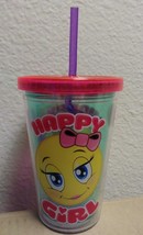 &quot;HAPPY GIRL&quot; 10 OZ KIDS TUMBLER CUP W/ STRAW BPA FREE - HAPPY EMOJI DESIGN - £6.59 GBP