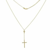 14K Solid Yellow Gold Diamond Double Cross Adjustable Necklace 16&quot;-18&quot; - £282.97 GBP