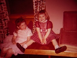 1957 Young Sisters Easter Dresses Sling Chair Ektachrome 35mm Slide - £4.35 GBP