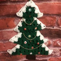 Vintage Handmade Crochet Christmas Tree Holiday Decor Small Wall Hanging 14” - £20.37 GBP