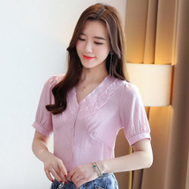 Solid Short Sleeve Chiffon Blosuse Summer Office Lady Shirt Loose V-neck Pink Wh - £151.91 GBP