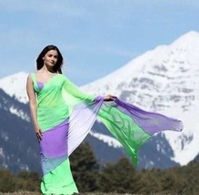 Alia Bhatt Georgette Saree || Dual Shade Work Lace Border Sari  || Contrast Bang - £43.40 GBP