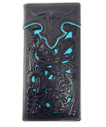Western Mens Leather Longhorn Floral Tooled Laser Cut Lone Star Long Wallet - $41.01 CAD
