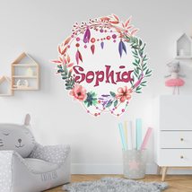 Floral Circle Boho Wall Decals for Kids Bedroom with Customized Kids Name - Flow - £79.13 GBP