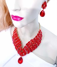 Red Statement Necklace, Necklace Earring Set, Large Rhinestone Necklace, Bridesm - £51.02 GBP