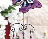 Purple Butterfly Stained Glass With Gemstones Copper Wind Chime Garden P... - $26.99