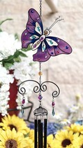 Purple Butterfly Stained Glass With Gemstones Copper Wind Chime Garden P... - $26.99