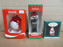 Vintage 3 Pieces Coca Cola Bottle Polar Bear Santa Glass Christmas Ornam... - $37.04