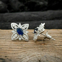 1.00Ct Oval Cut Blue Sapphire and Diamond Stud Earrings In 14K White Gold Finish - £75.98 GBP