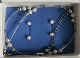 Avon Cable Pearlesque Accent Necklace & Earrings Gift Set Silver Tone in Box /21 - £19.90 GBP