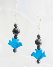 Judy Strobel Turquoise Howlite &amp; Snowflake Obsidian Bird Earrings - £15.94 GBP