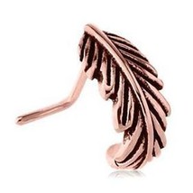 14K Rose Gold-Plated Silver Feather L-Bend Nose Hoop Stud Pin 20 gauge C... - $32.56