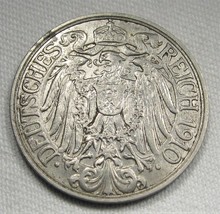 1910-A Germany 25 Pfennig AU+1 Coin AE348 - $15.45