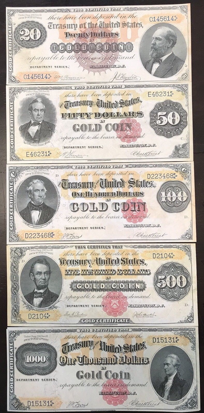 Reproduction Set 1882 Gold Certificates $20-$1000 USA Currency Copies - £11.18 GBP