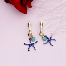 Ruifan Europe Star/Starfish Blue Cubic Zirconia Ladies Gold Color Earrings Korea - £16.70 GBP