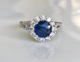 3.50Ct Round Lab-Created Sapphire and Moissanite Halo Engagement Ring 925 Silver - £114.78 GBP