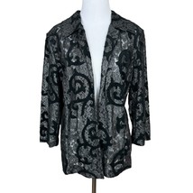 Chicos 2 Blazer Jacket Women Large Black Floral Lace Open Front 3/4 Sleeve Sheer - £19.59 GBP