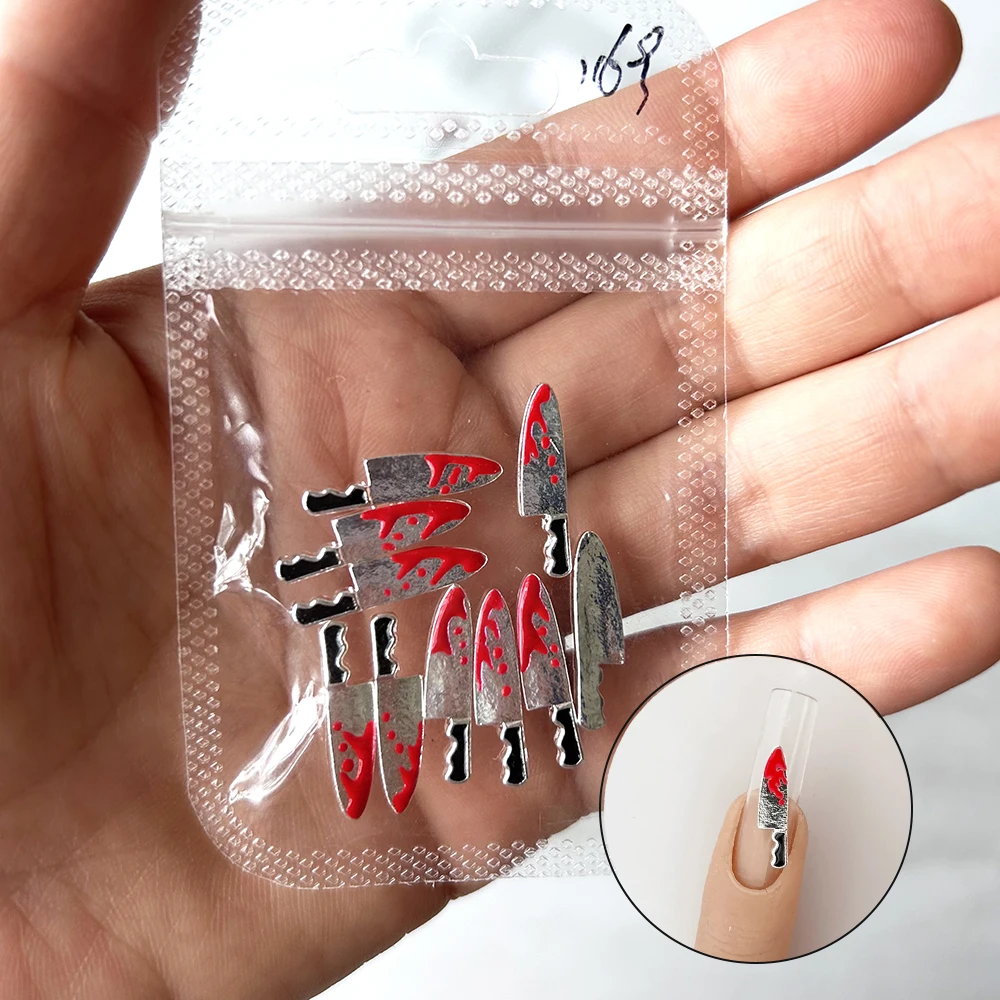 10Pcs Halloween Bloody Knife Nail Charms Silver Acrylic Metal Alloy Cool... - £8.57 GBP+