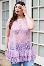 Plus  Lace Sheer Ruffle Hem Sleeveless Maxi Purple Top - £22.75 GBP