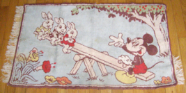 VINTAGE MID-CENT. “MICKEY AND THREE BUNNY RABBITS&quot; WOVEN PILE RUG/CARPET... - $38.61