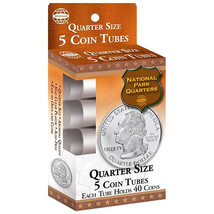 5 QUARTER Size COIN TUBES clear plastic 40 Storage H E Harris Whitman 07... - $24.11