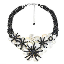 Ocean at Midnight Black Crystal, Pearls, and Seashells Floral Statement Necklace - £54.48 GBP