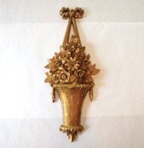 Vintage Syroco Gold-Tone 21&quot; Flower Basket With Bow Wall Decor 1964 Made... - $32.62