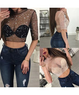 Sexy See Through Mesh Top T Shirt Women Tee Cropped Top Star Printed O N... - $31.38 CAD