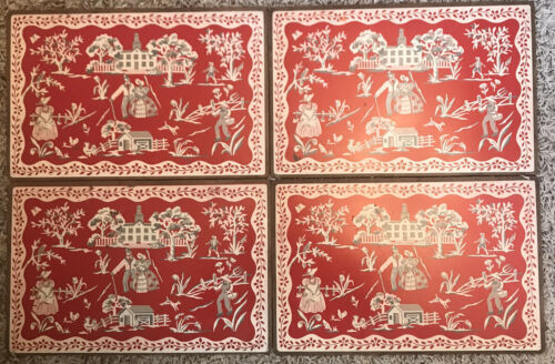 Primary image for Set of 4 Vintage Placemats Red & White Southern Belle Farm Wood Board Masonite