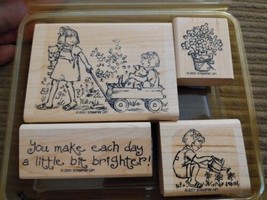RETIRED 2001  Stampin&#39; Up FRIENDSHIPS GROW Set/4 Wood Mounted Rubber Stamps - £13.21 GBP