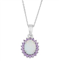 Sterling Silver White Inlay Opal with Amethyst CZ Border Oval Pendant - £42.73 GBP