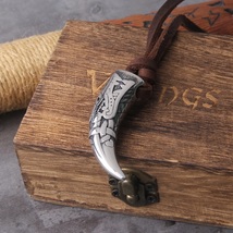 Wolf Fang Tooth Spike Carving Pendant Necklace Men Stainless Steel Leather Chain - £16.08 GBP+