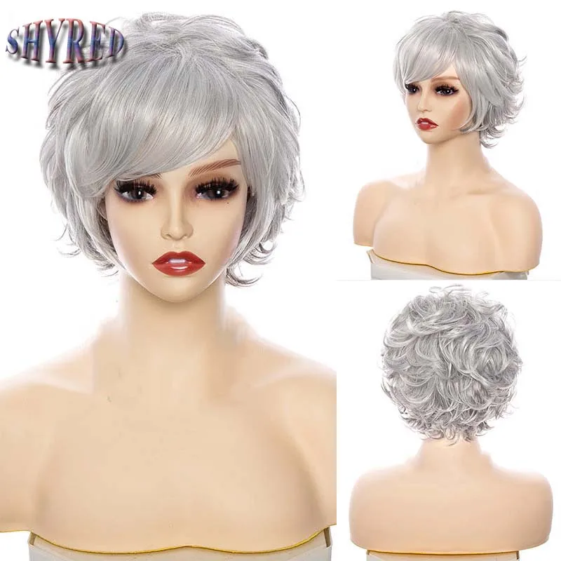  s fashion short synthetic wigs pixie cut silver gray hair costume party wigs for woman thumb200