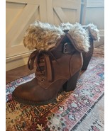 Charlotte Russe Rhea  Fur-Lined Boots 3.5&quot; Block Heel Brown Size 8 Booties - $22.45