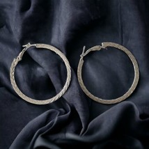 Bohemian Large Hoop Earrings Silver Tone Textured Pierced Flat Peasant H... - £11.62 GBP