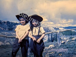 1946 Two Cute Cowgirls along Ranch Fence Rail Colorado Red Kodachrome 35mm Slide - £5.92 GBP