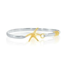 Double Tone Sterling Silver Gold Plated Charms Rope and Starfish Hook Bangle - £99.32 GBP