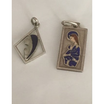 2 VINTAGE  800 SILVER  &amp; ENAMEL MADONNA ST.MARY RELIGIOUS PENDANTS SKY - $50.19