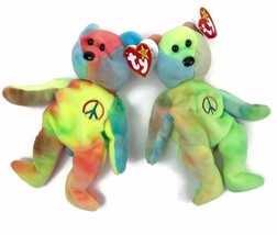 Two Vintage 1996 Ty Beanie Baby Peace Bear Tie Dye PE Pellets Embroidere... - $447.03