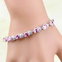 9CT Simulated  Pink Sapphire &amp; Diamond Women&#39;s Bracelet Gold Plated 925 Silver - £123.32 GBP