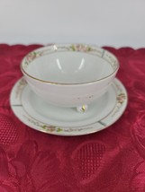 Antique Hand Painted Nippon Footed Whipped Cream Bowl and Underplate Pink Flower - £10.55 GBP