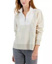 ID IDEOLOGY Women&#39;s Colorblocked Quarter-Zip Sweatshirt Petite Size S Beige - £20.89 GBP