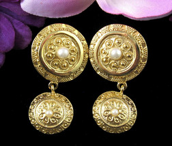 Premier Design Dangle Circle Faux Pearl Earrings Pierced Vintage Goldttone 2&quot; - £18.19 GBP