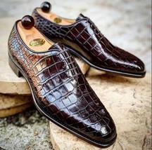New Pure Handmade Leather Dark Brown Alligator Stylish Lace Up Dress Shoes For M - £125.52 GBP