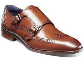 Stacy Adams Karson Wingtip Double Monk Strap Shoes Leather Cognac 25570-221 - £94.35 GBP