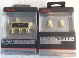 Rocketfish 3-Way Coaxial Splitter &amp; 2-Pack Twist-On F Connectors 24K Gold Plated - £7.59 GBP