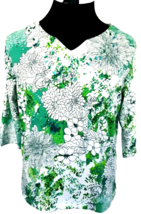 Allyson Whitmore Weekend Blouse Women&#39;s Size PL  Green White Floral Embe... - £13.30 GBP
