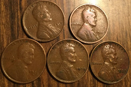 1919 1920 1925D? 1929 1939 Lot Of 5 Usa Lincoln Wheat One Cent Penny Coins - £3.60 GBP